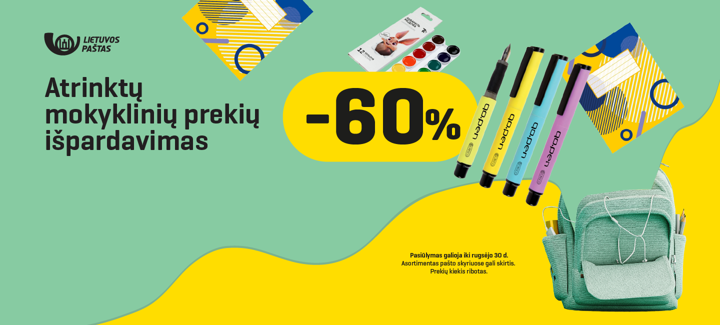 Atrinktų mokyklinių prekių išpardavimas. Pasiūlymas galioja iki rugsėjo 30 d. Asortimentas pašto skyriuose gali skirtis. Prekių kiekis ribotas.